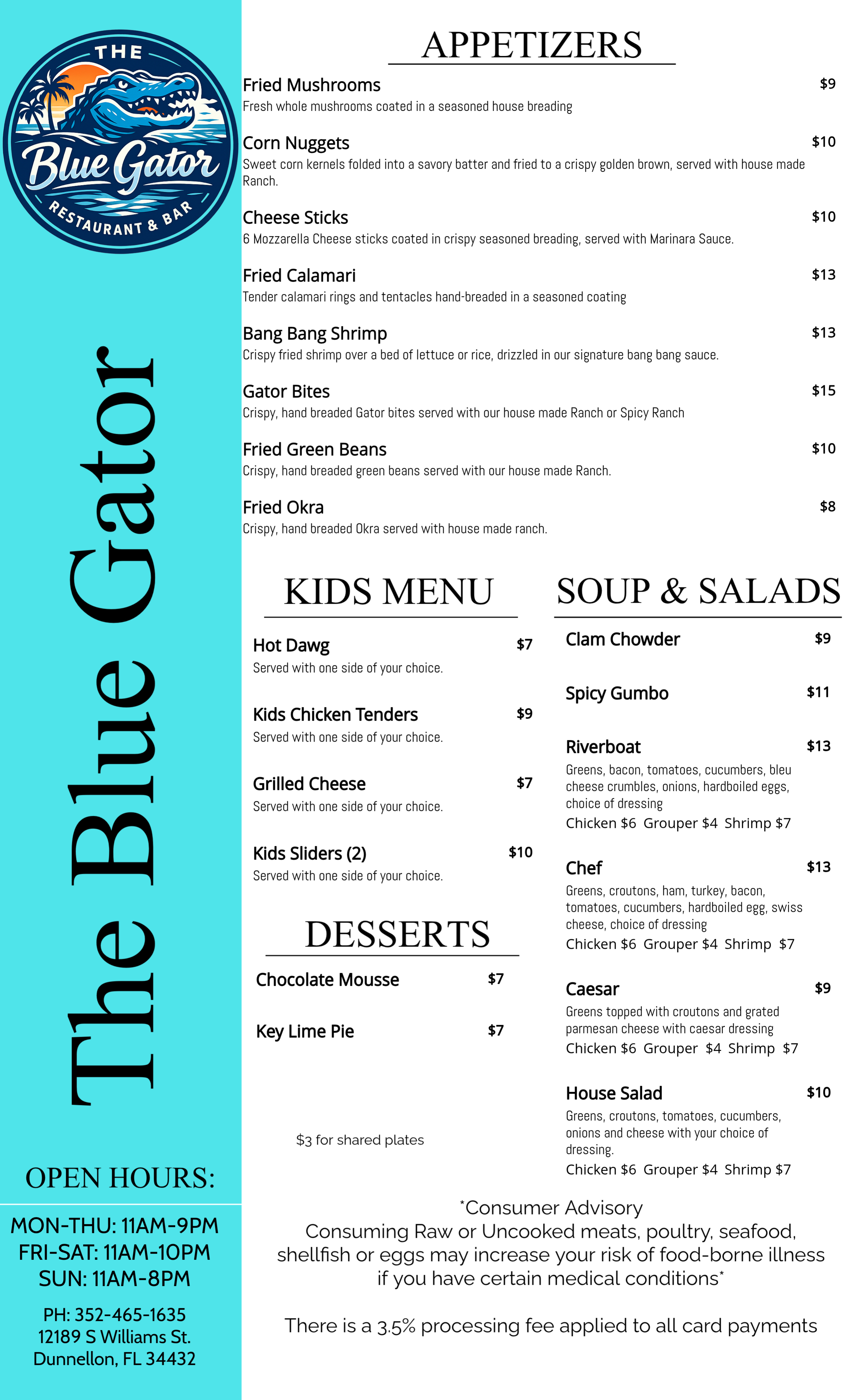 Blue Gator Menu Page 1